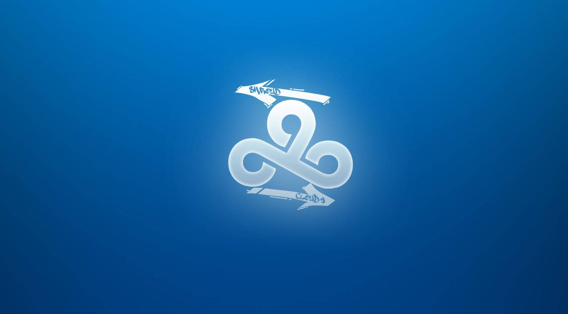 Cloud 9 Shroud 霓虹燈 壁紙 — 發光白色風格標誌，帶有箭頭，位於漸變藍色背景上。