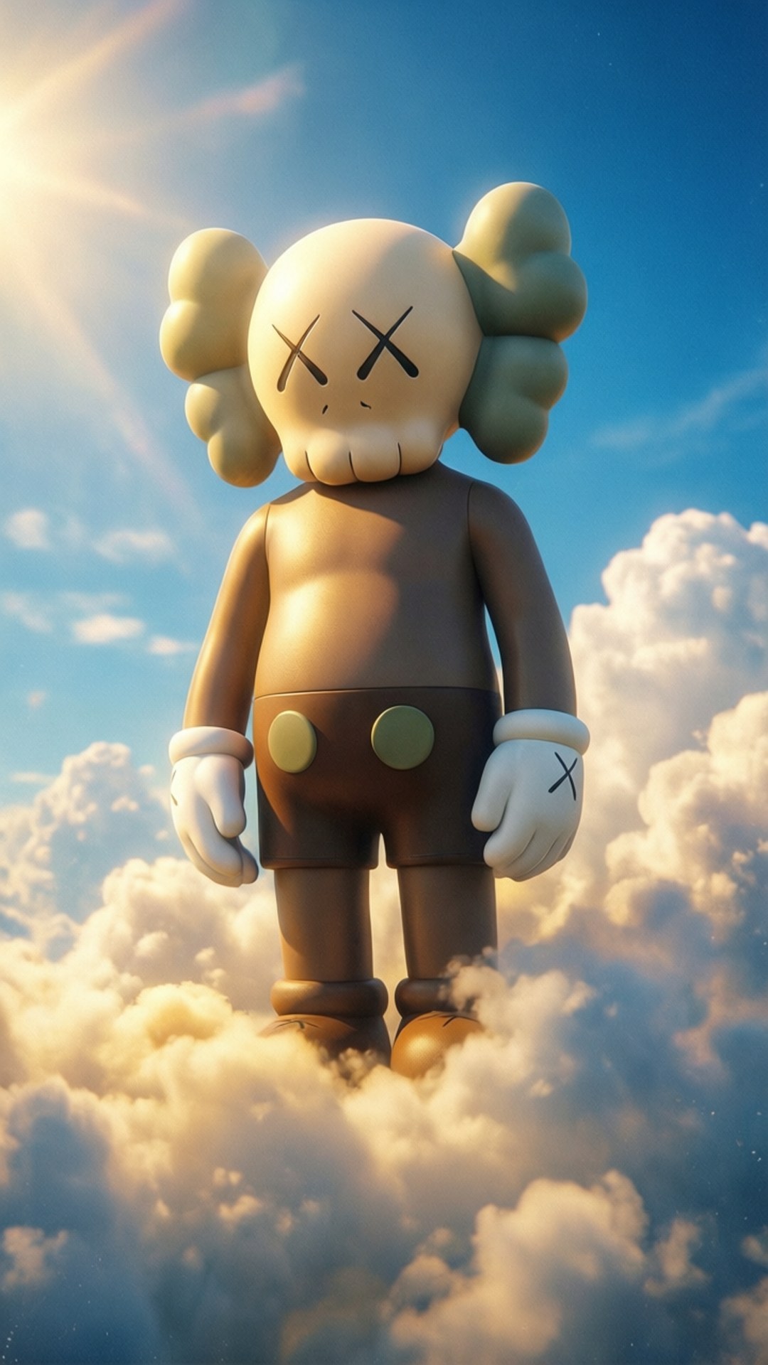 巨大的KAWS人偶站在雲上，太陽在背後照耀
