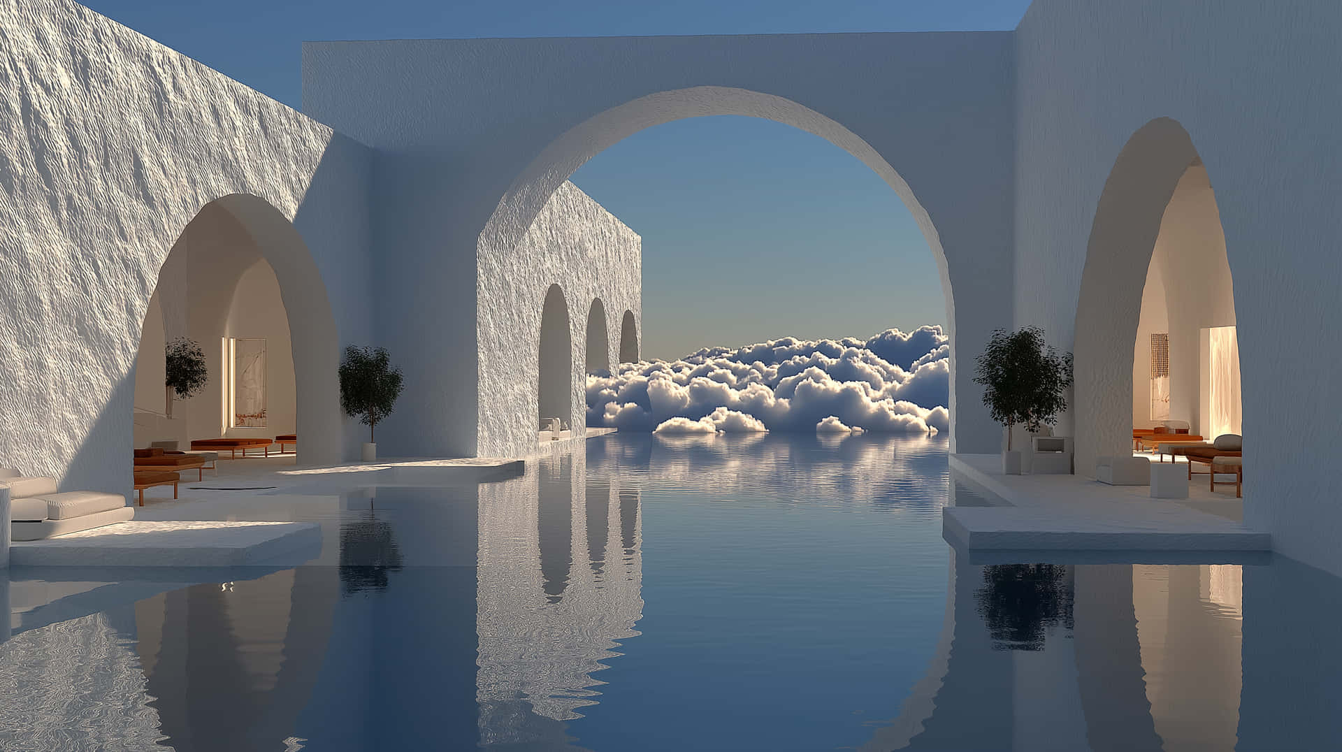 白色拱形建築，泳池倒映雲朵和天空