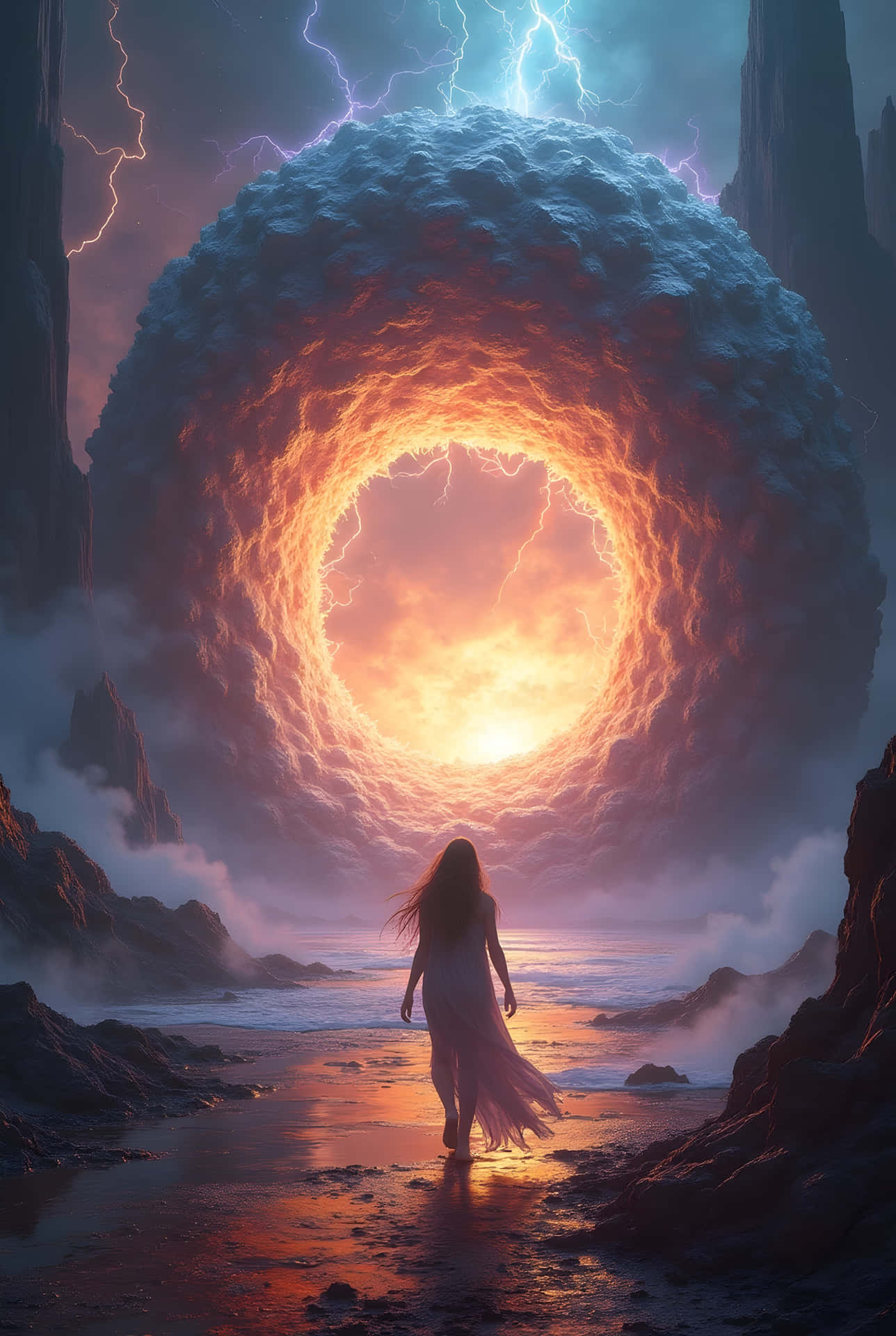 一個女人在暴風雨海灘上伴隨閃電走向發光的宇宙環形傳送門。