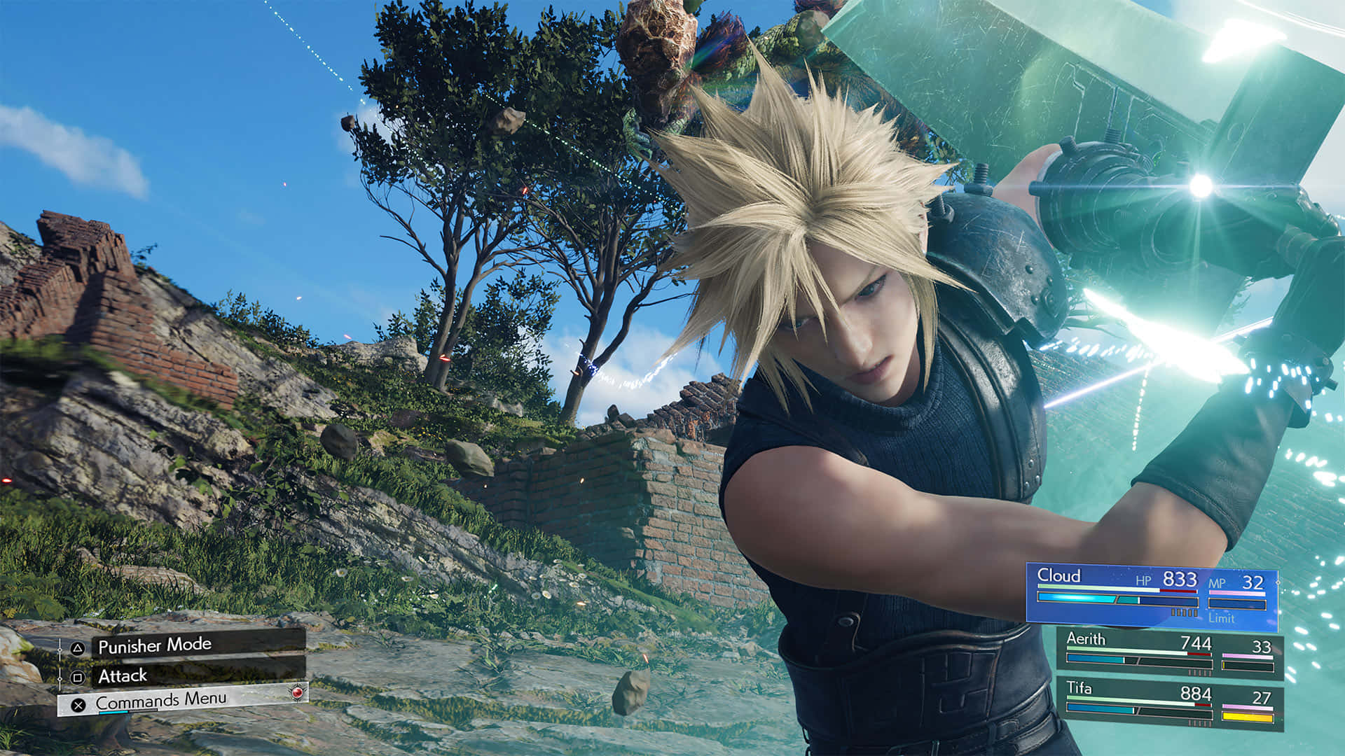  壁紙 — 來自《Final Fantasy VII》的克勞德·史特萊夫在陽光明媚的岩石戶外戰鬥場景中揮舞著他發光的破壞劍。