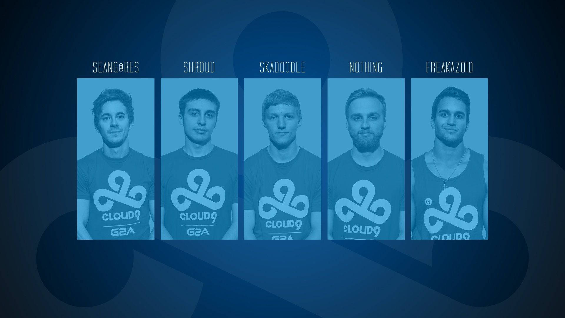 Cloud9 電競選手 壁紙 — 五位身穿Cloud9球衣的電競選手，在深色抽象背景前呈現藍色調肖像。