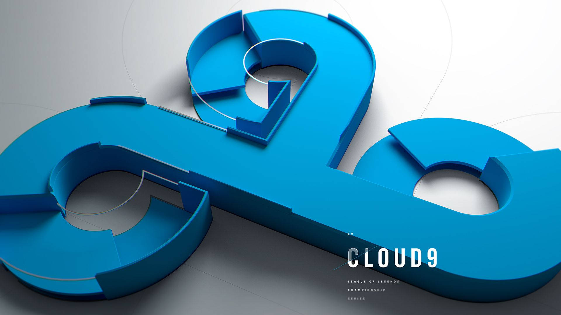 賽道風格Cloud9標誌 壁紙 — 一個大膽的藍色3D風格雲端標誌，帶有幾何鏤空，放置在簡約的灰色表面上。