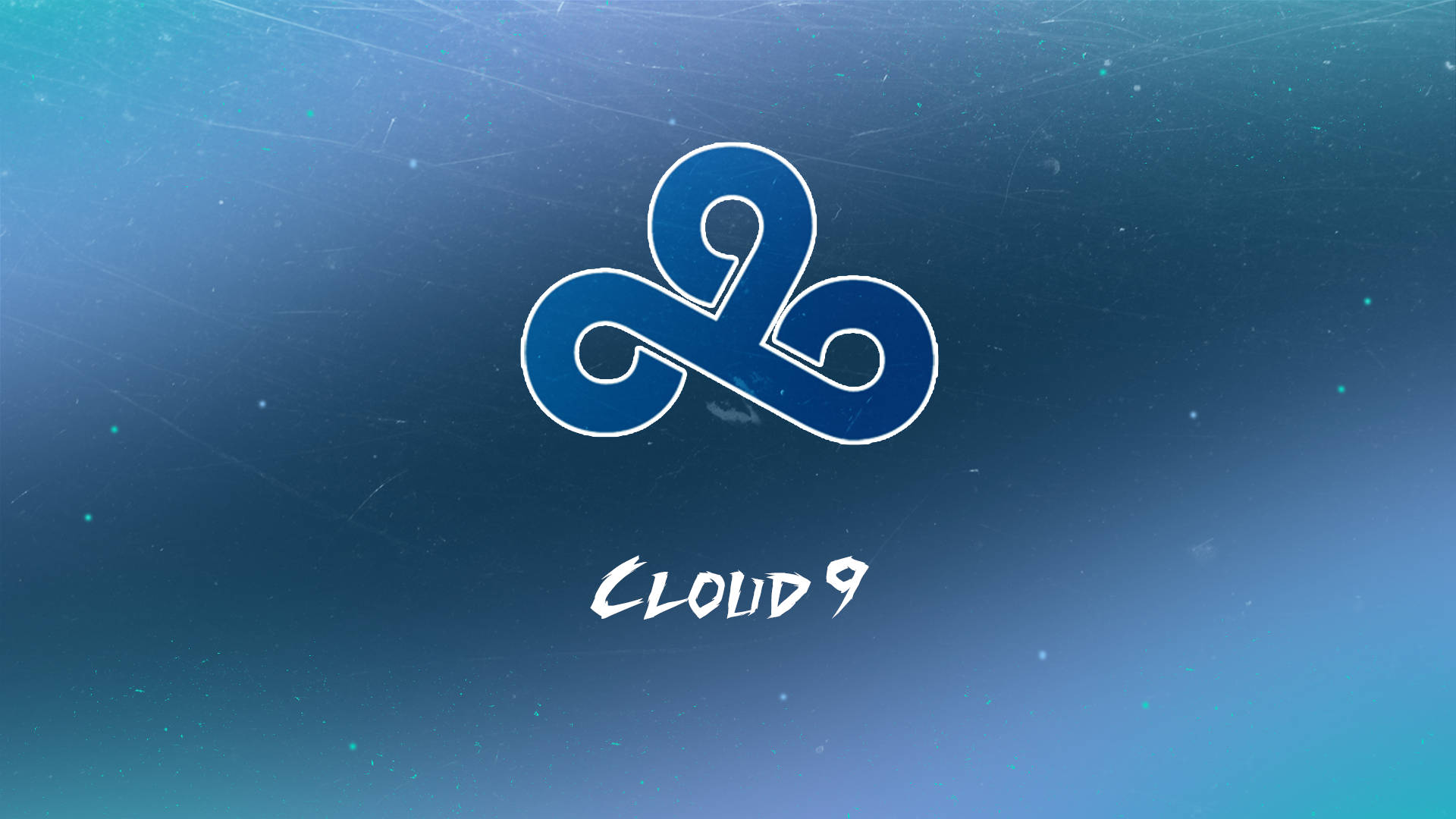 Cloud9 多彩銀河標誌 壁紙 — 一個帶有白色輪廓的風格化藍色雲朵標誌，漂浮在帶有細微粒子的漸變藍色背景上。