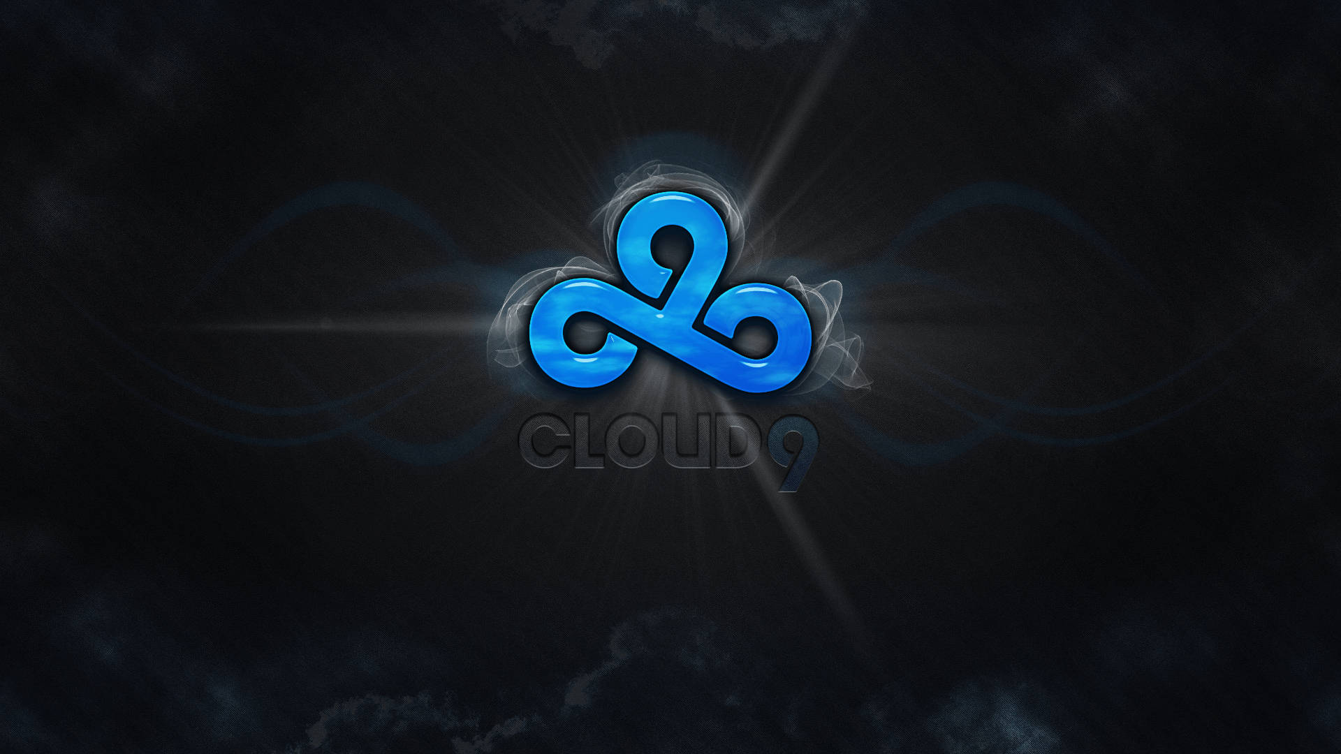 Cloud9 標誌白色光暈效果 壁紙 — 發光的藍色Cloud9標誌在黑暗風暴天空和旋轉煙霧效果中散發光芒。
