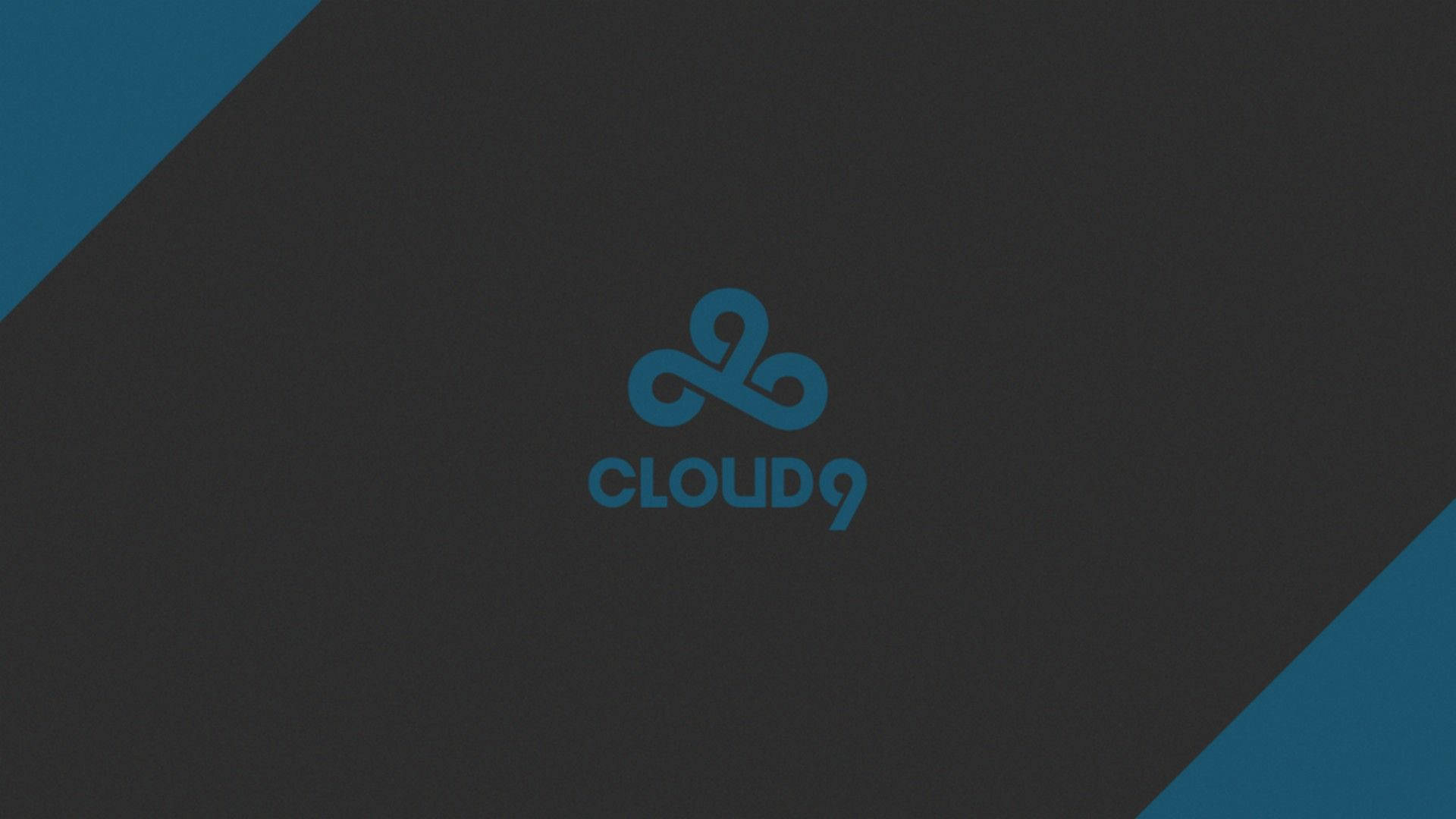 Cloud9 深藍色帶邊框標誌 壁紙 — 極簡深灰色和青綠色的牆紙，Cloud9 標誌居中，兩側為對角青綠色裝飾。
