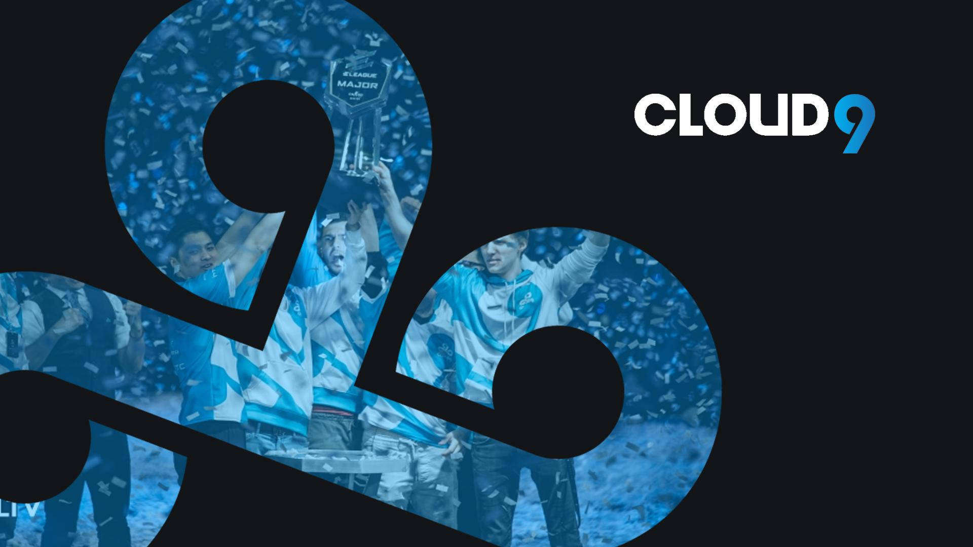 Cloud9 透明藍色球體內玩家 壁紙 — Cloud9 電競團隊在深色背景上的風格化標誌內，以獎盃和五彩紙屑慶祝勝利。
