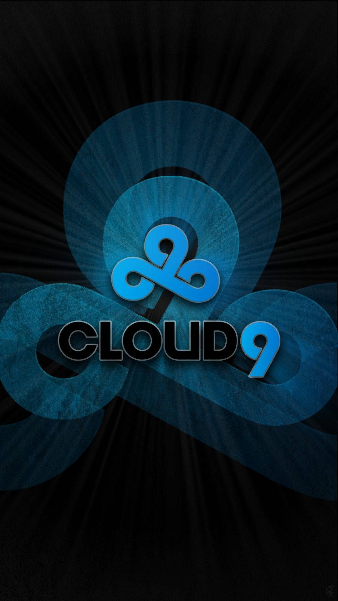 Cloud9 重疊標誌效果 壁紙 — 發光的藍色Cloud9標誌從黑暗背景中散發出放射狀光線。