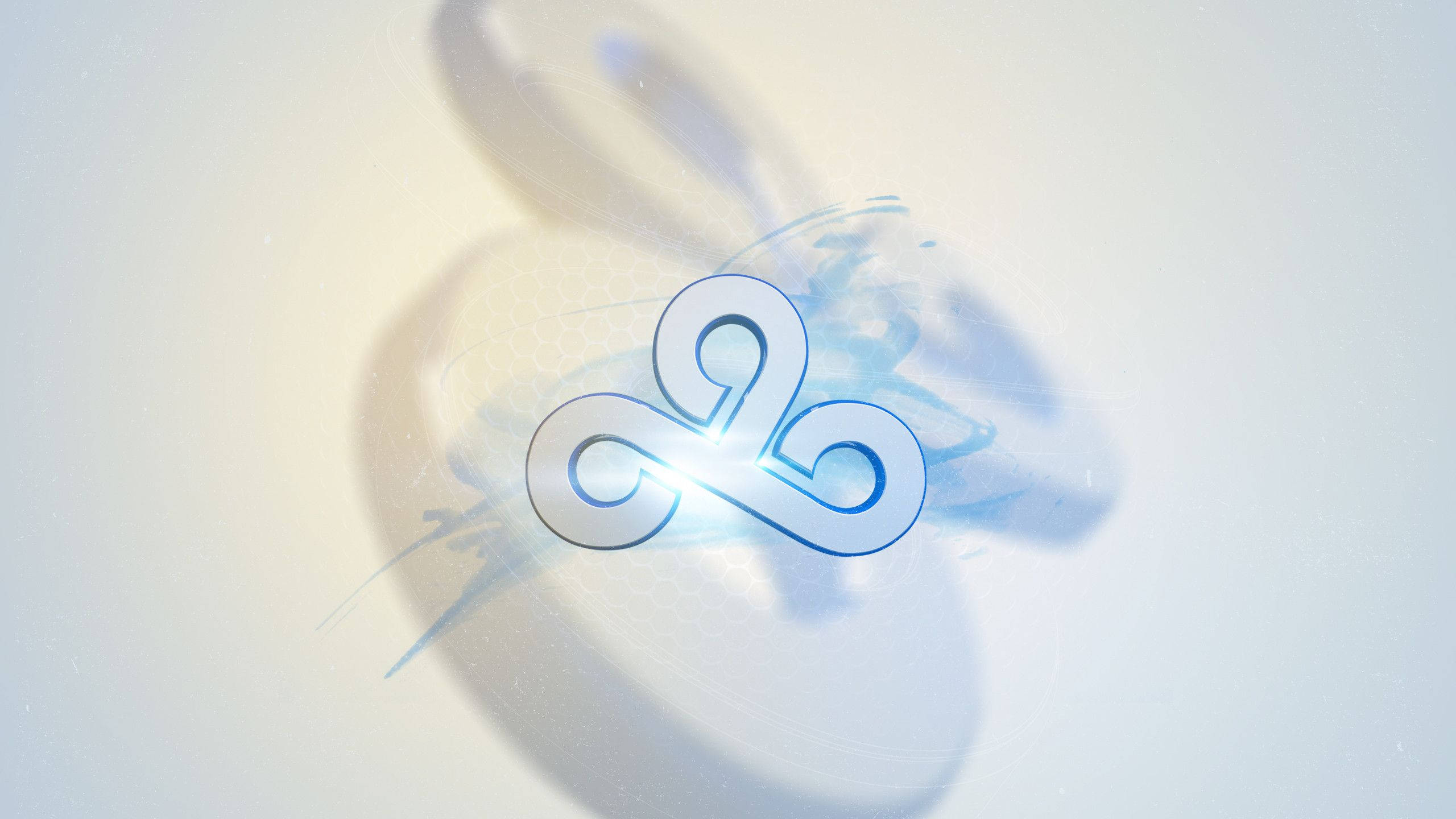 Cloud9 金屬藍邊標誌 壁紙 — 一個發光的藍色三曲腿標誌在淺色表面上投射出柔和陰影，並帶有細微的光暈。