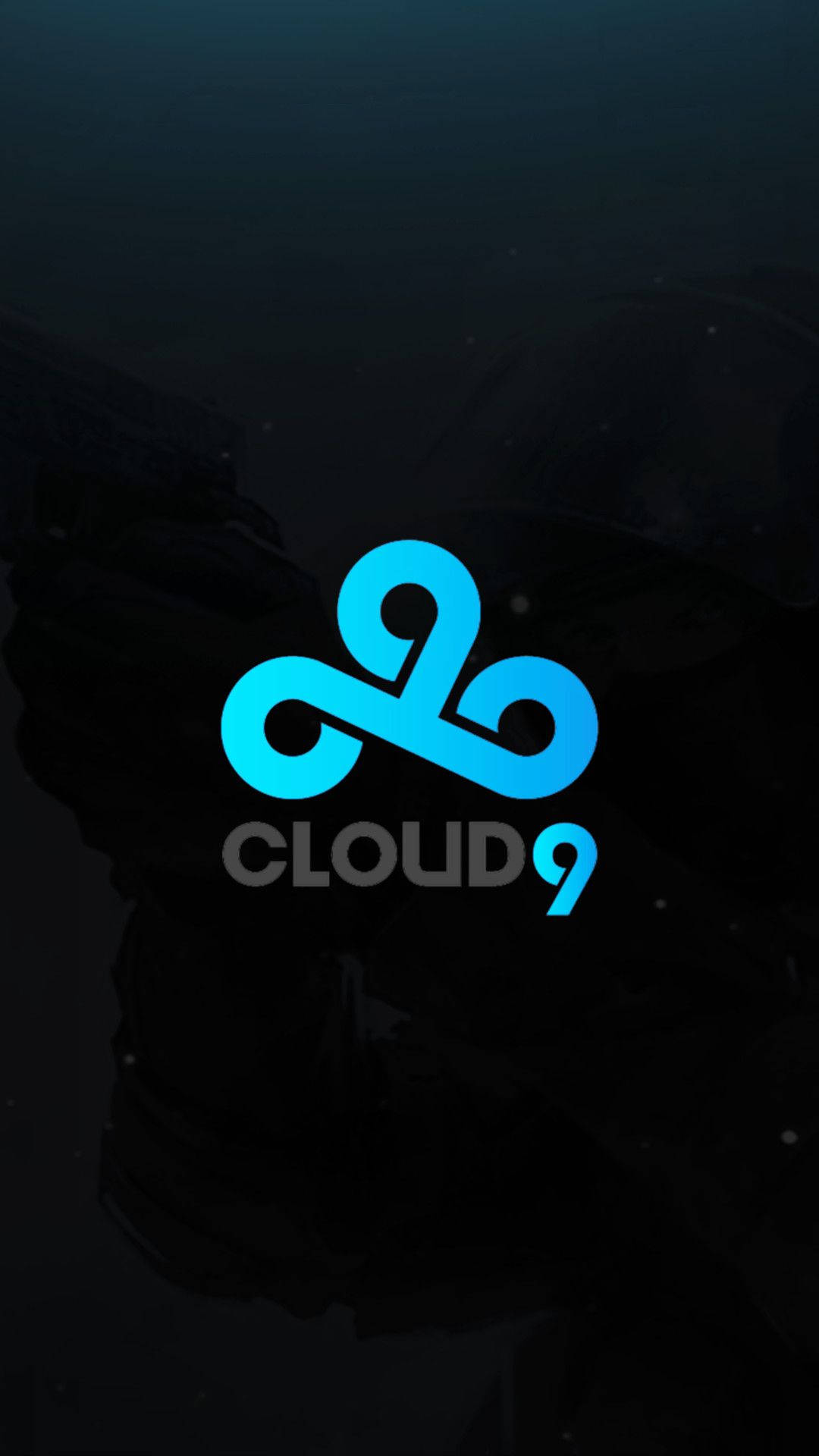 Cloud9 雲朵形狀標誌 壁紙 — 一個發光的藍色Cloud9標誌，居中置於帶有微妙粒子效果的深色抽象背景上。