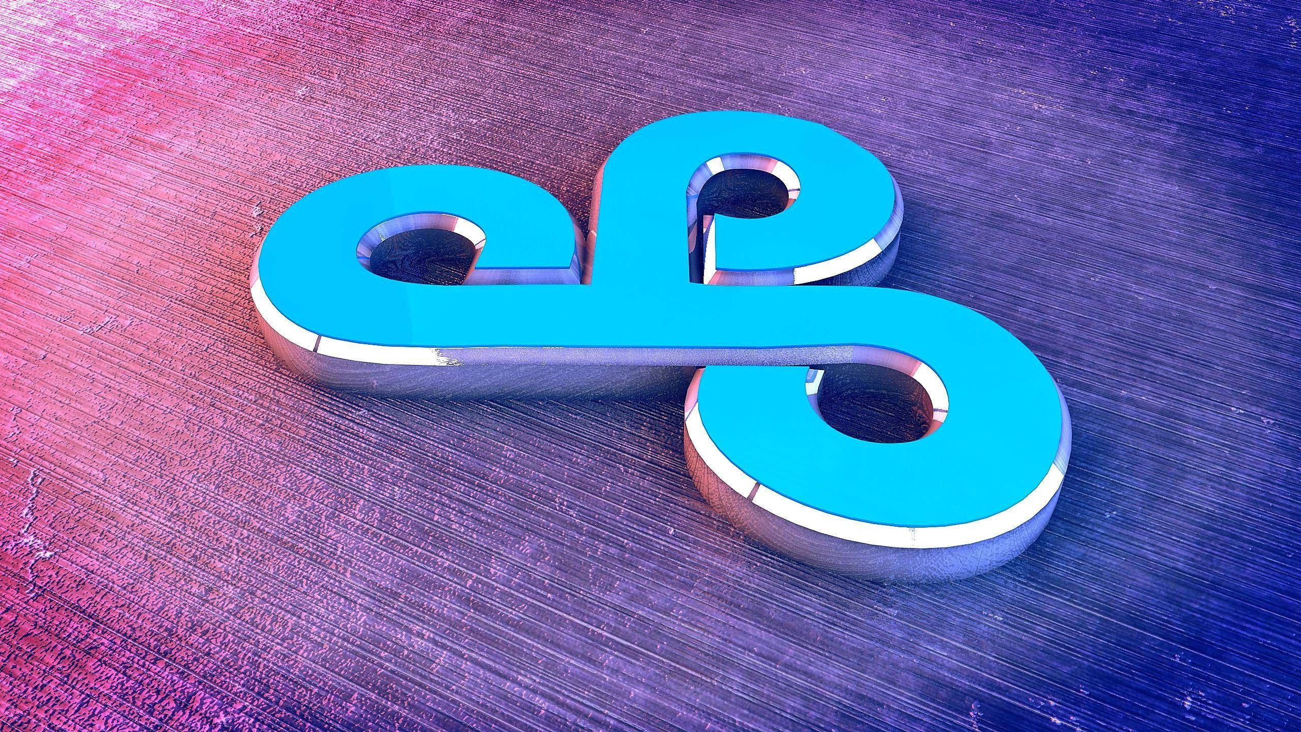 Cloud9藍色鍍鉻標誌 壁紙 — 一個發光的青色3D無限符號放置在帶有漸變粉紅和藍色照明的紋理金屬表面上。