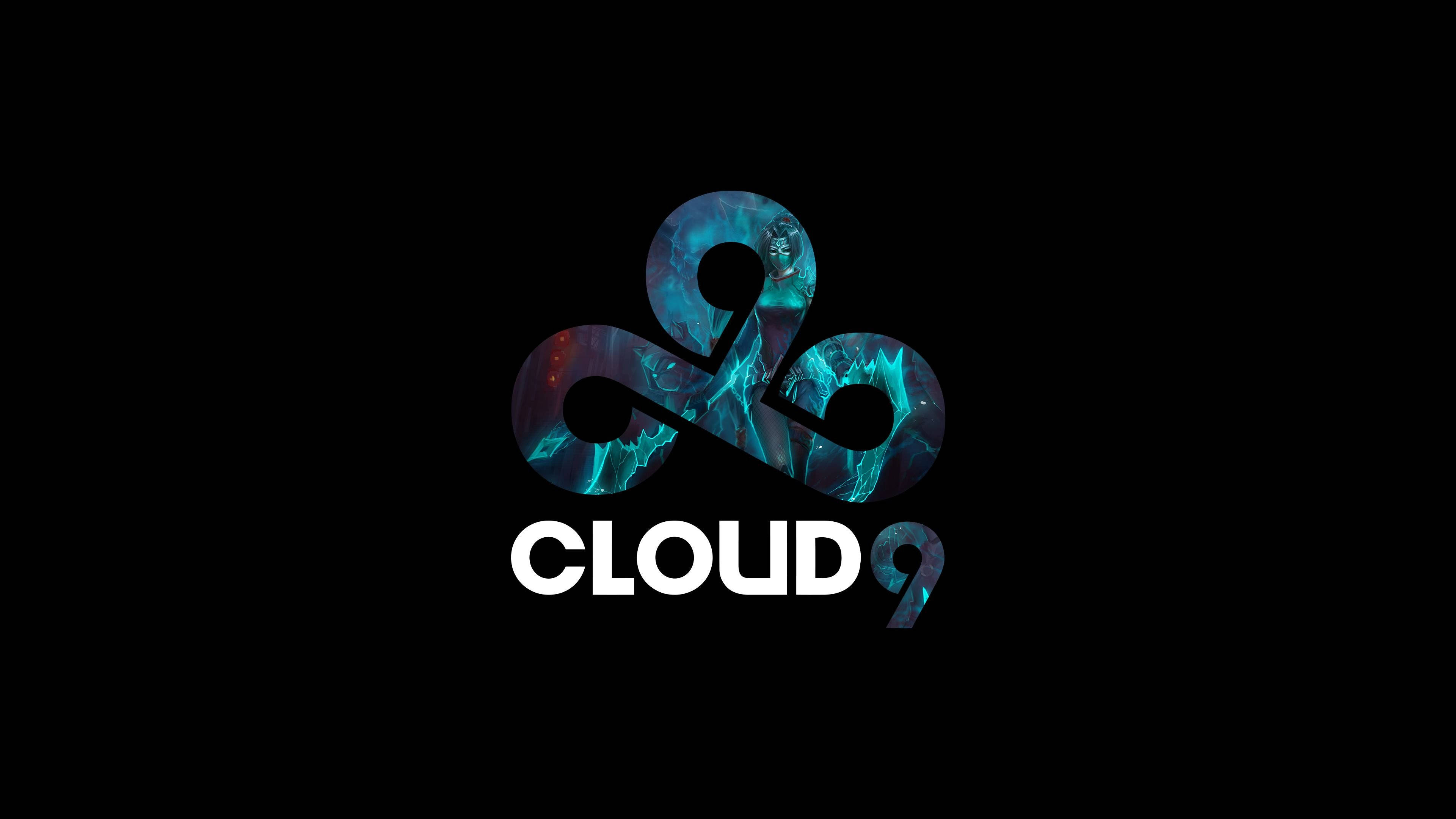 Cloud9電競女角色標誌 壁紙 — 一個發光的藍色和紫色雲九標誌，帶有宇宙紋理，設置在黑色背景上。