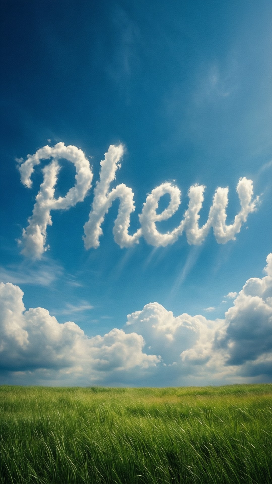 藍天下綠色田野上由雲形成的Phew字樣