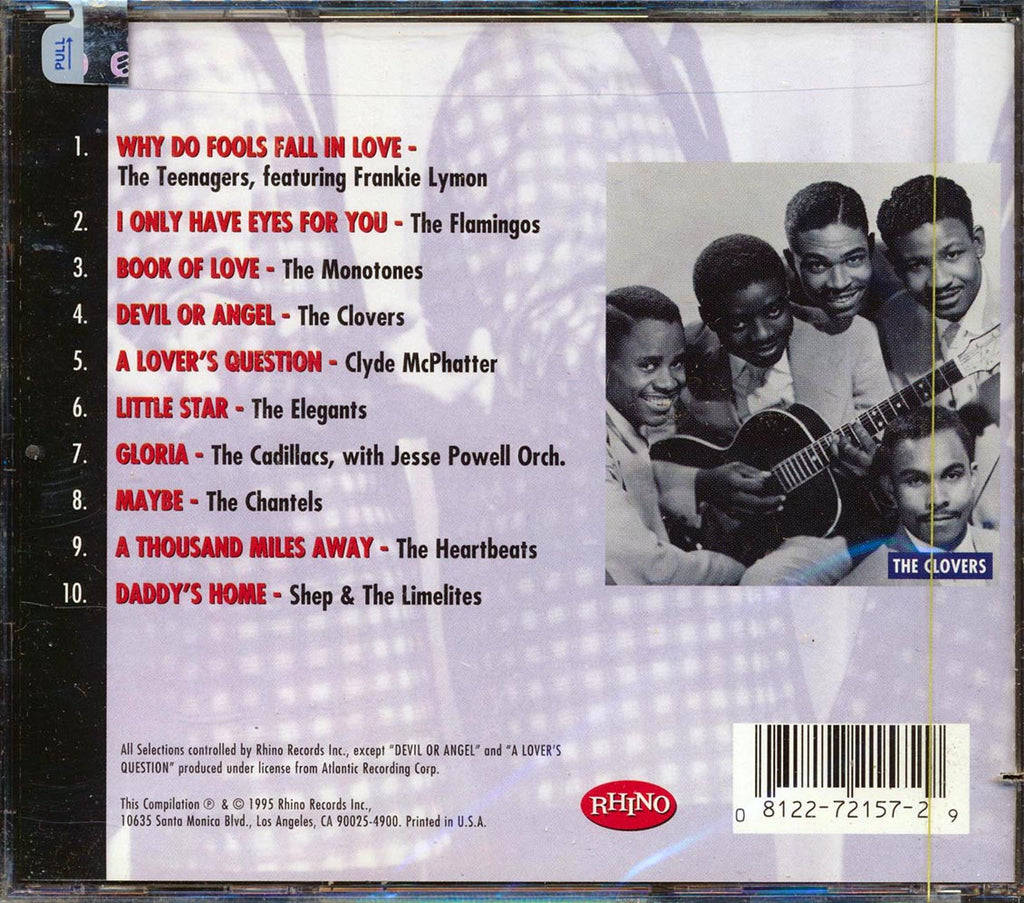 CD背面封面，附有The Clovers的照片和1990年代Rhino Records的歌曲列表。