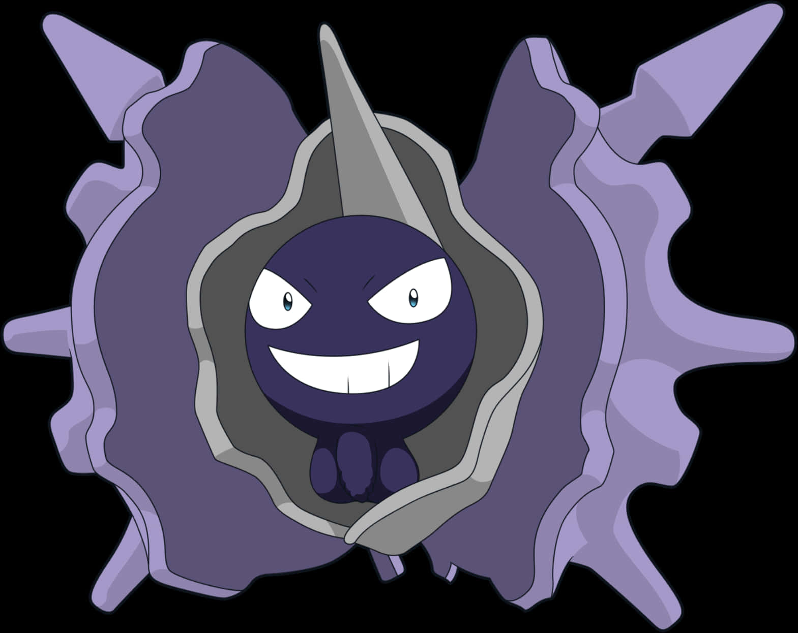 Cloyster 全身圖 壁紙 — 一隻卡通風格的紫色寶可夢，咧嘴大笑，長有尖刺，從黑色背景前的暗色殼中出現。
