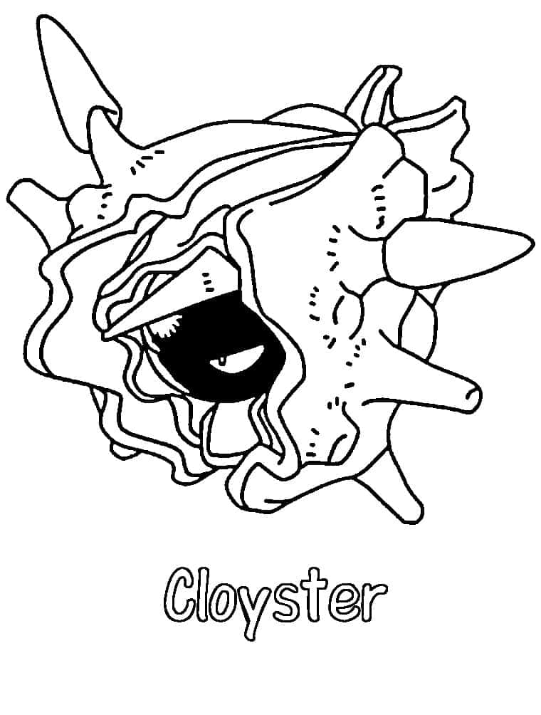 Cloyster 名稱塗色頁 壁紙 — 一隻寶可夢鐵甲貝的黑白線條畫，有一個憤怒的眼睛從殼中窺視。