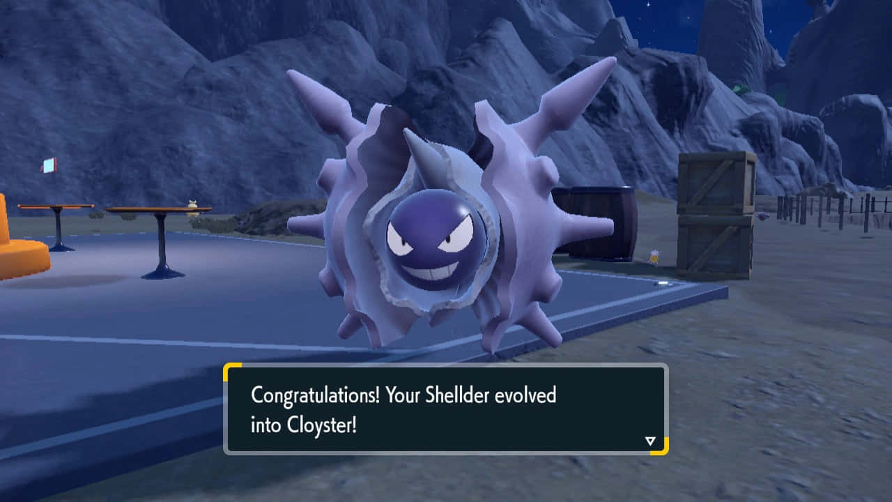 Cloyster 進化 壁紙 — 一隻紫色多刺嘅寶可夢名叫鐵甲貝喺岩石夜晚場景中自豪咁企喺度，下面有遊戲通知。