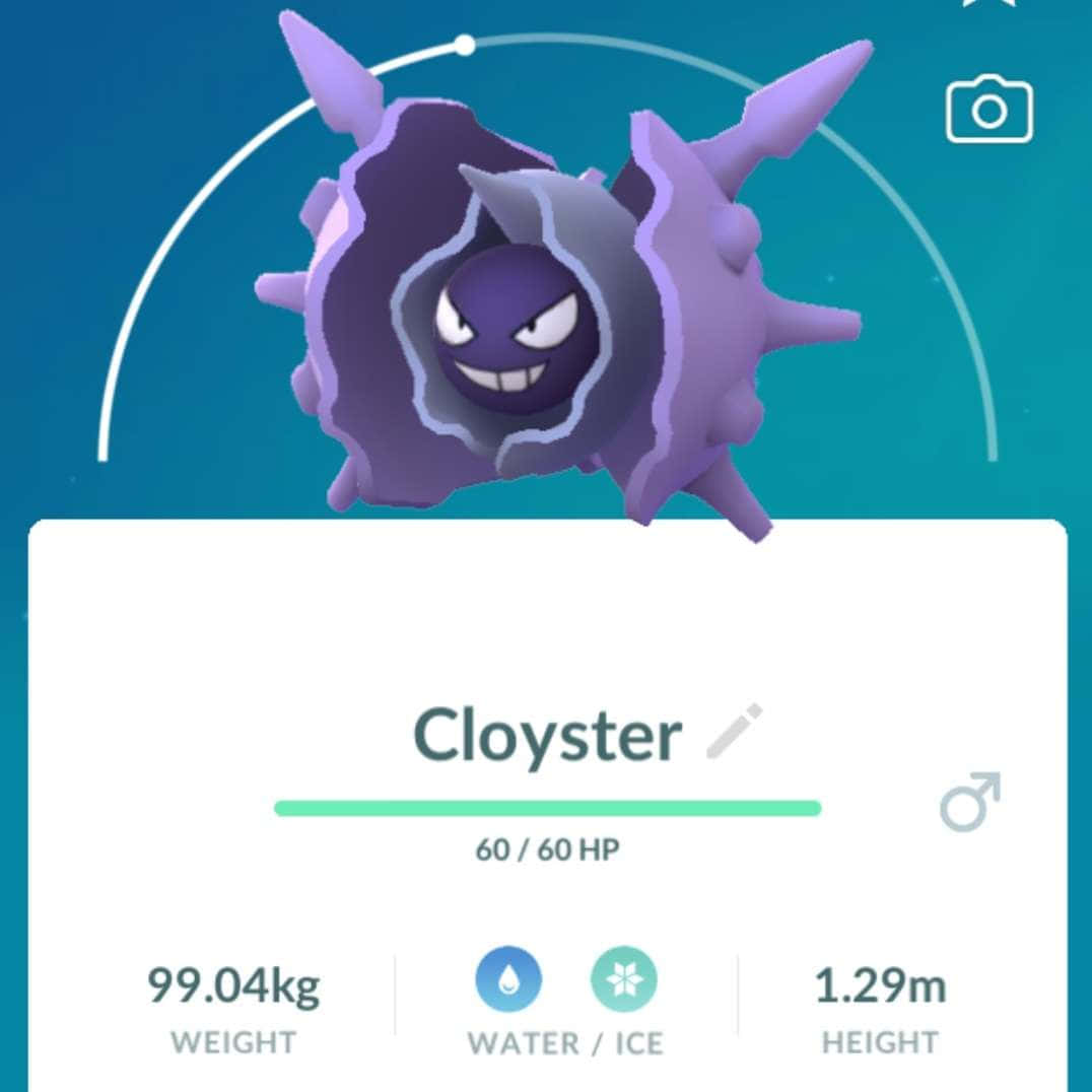 Cloyster寶可夢Go資訊 壁紙 — 一隻紫色多刺的鐵甲貝寶可夢，咧嘴笑著從殼中探出頭來，背景是青綠色，下方有遊戲數據。