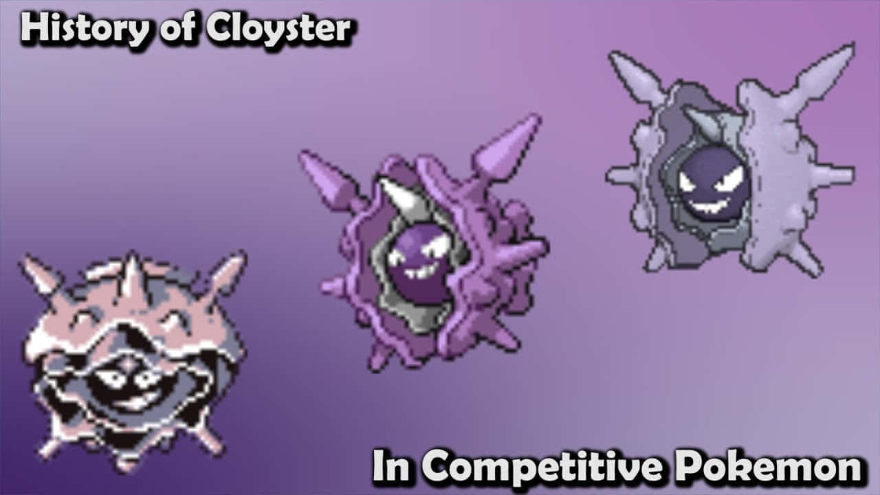Cloyster藝術史 壁紙 — 三個像素化的鐵甲貝寶可夢精靈圖示，顯示在紫色漸變背景上，並帶有文字疊加。