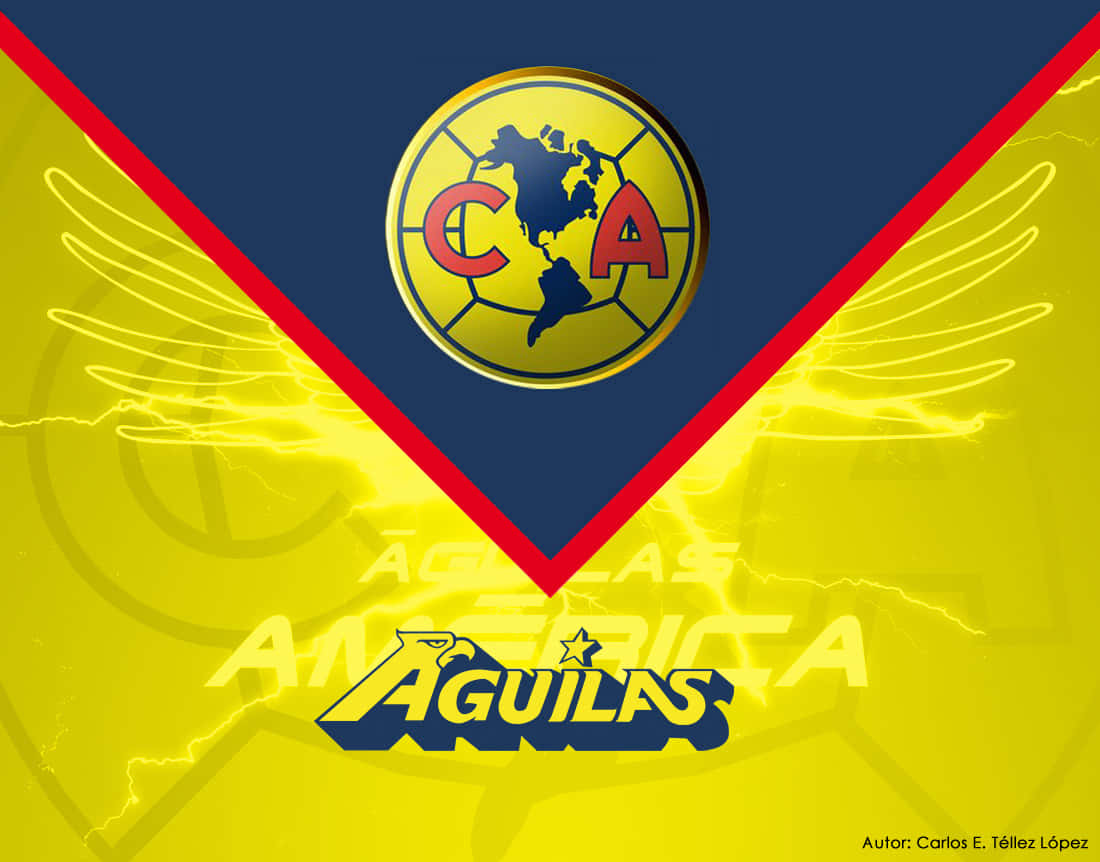 Club América足球隊標誌，帶有翅膀和「Águilas」文字，背景為黃藍色。