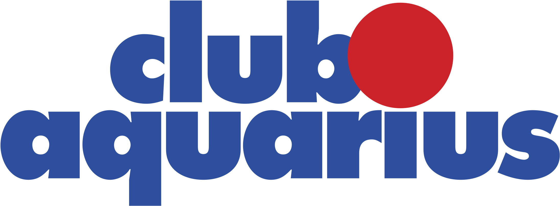 Club Aquarius 標誌 壁紙 — 粗體藍色文字顯示 club aquarius，並以紅色圓圈取代 'o'，背景為黑色。