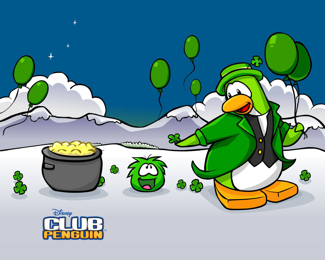 Club Penguin 綠氣球冬季海報 壁紙 — 一隻快樂的綠色企鵝戴著節日帽子和外套，在繁星點點的夜空下，旁邊有一鍋金幣和飄浮的氣球，正在跳舞。