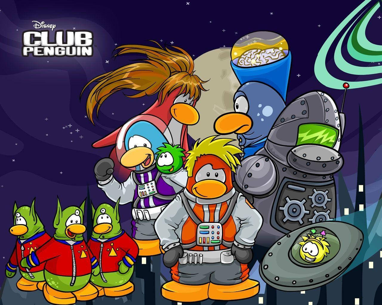 Club Penguin 角色穿著太空衣，在星空下，有月亮和太空船。