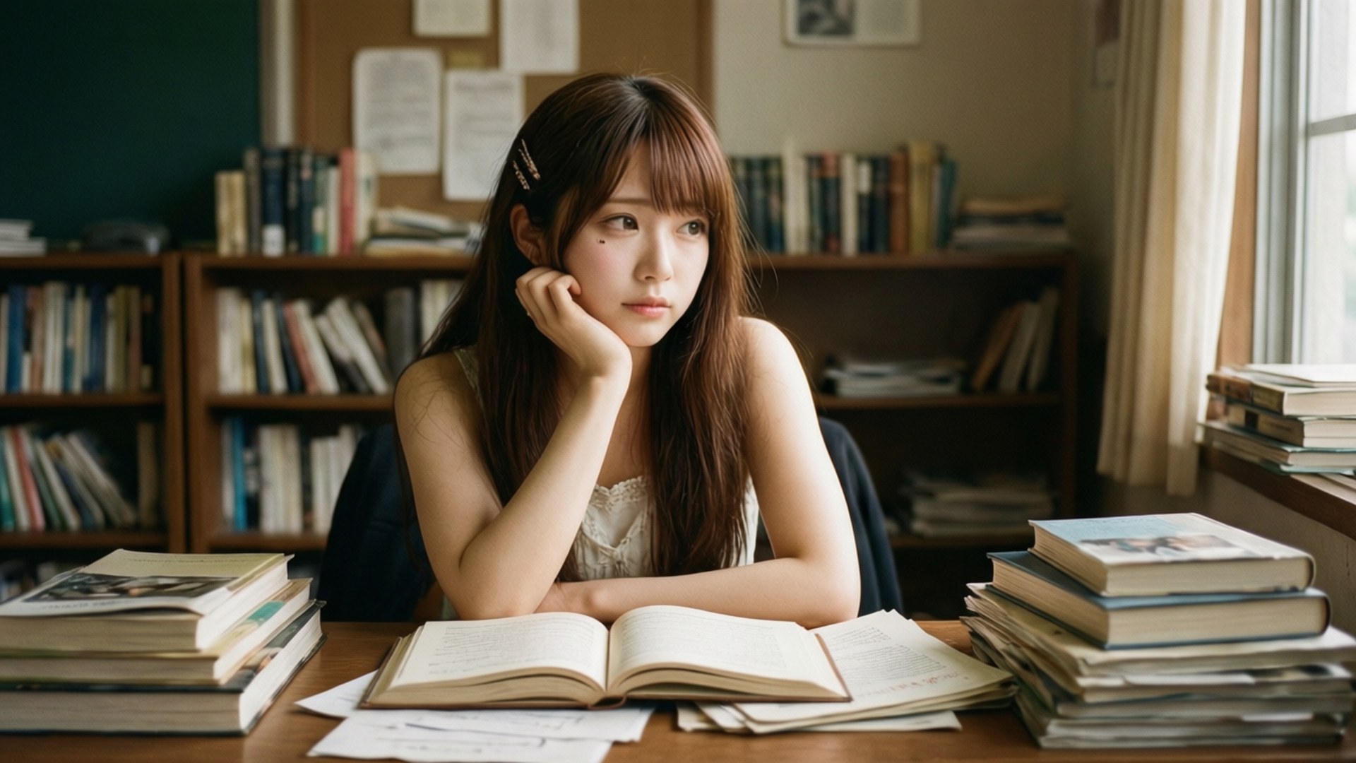 年輕女子在圖書館被書包圍的書桌上學習