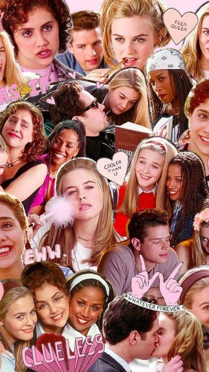 《Clueless》劇組拼貼照 壁紙 — 來自電影《叻女掌門人》的青少年角色嘅鮮明拼貼，包含流行文化語錄同粉紅色心形圖案。