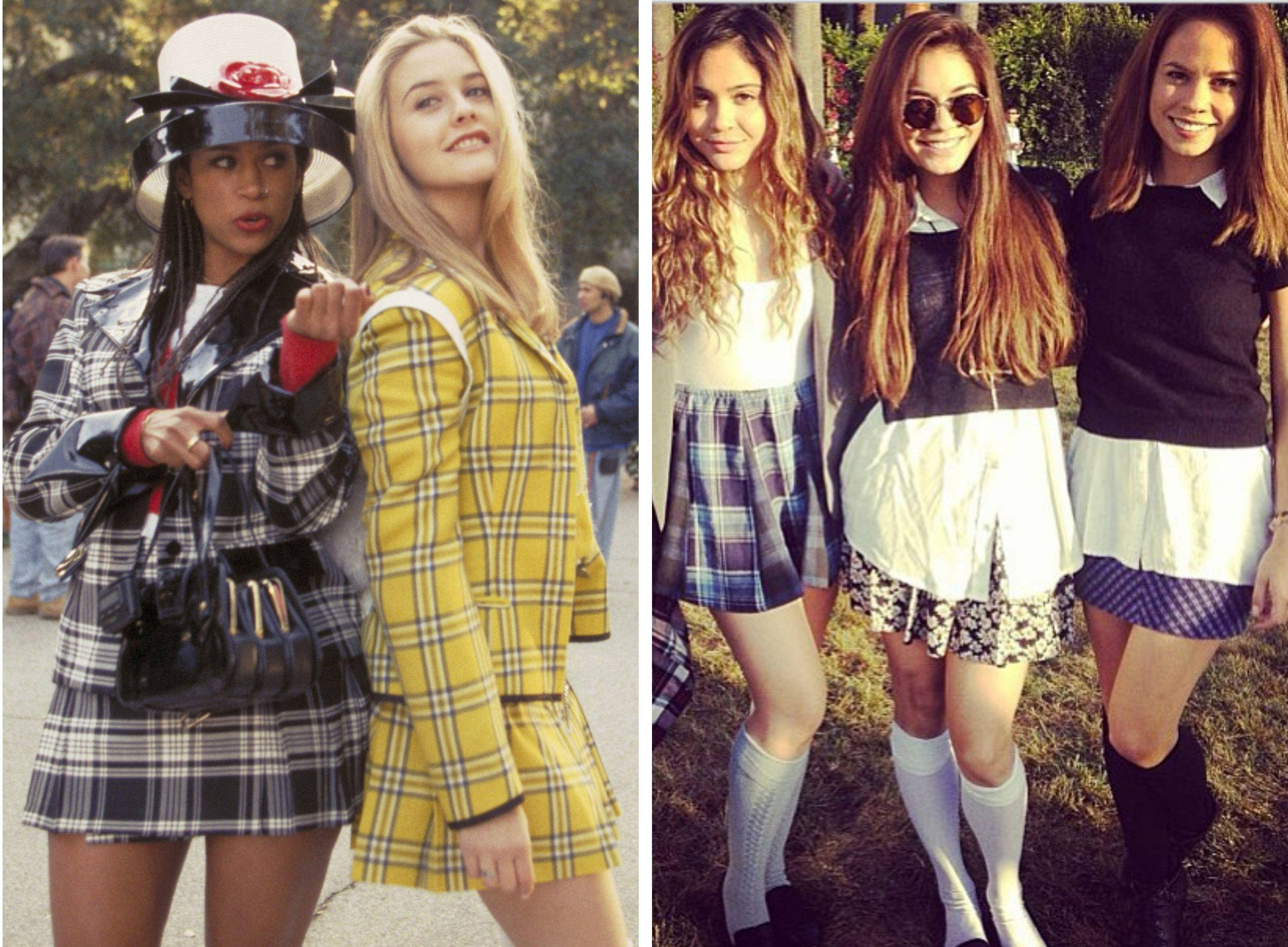《Clueless》女孩時尚風格 壁紙 — 兩組穿著復古校服的年輕女性在戶外擺姿勢，搭配鮮豔的格子裙和搶眼的配飾。