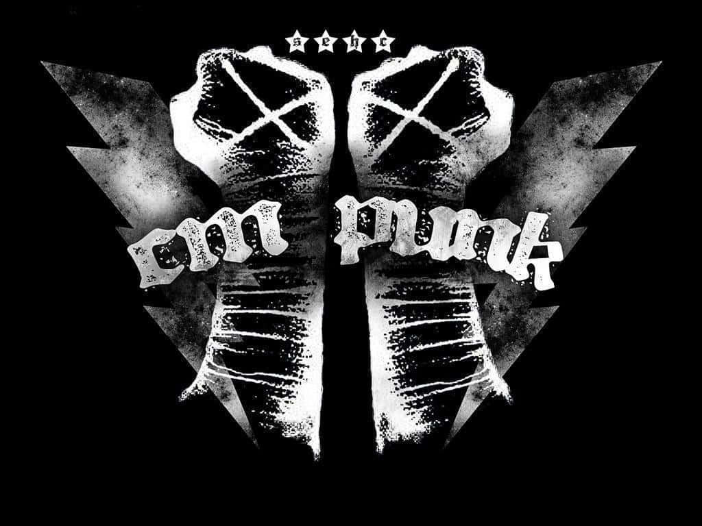摔角手 CM Punk 霸氣拳頭標誌 壁紙 — 兩隻交叉的拳頭，前臂纏著繃帶，伴隨著閃電，在黑色背景上形成一個粗獷的龐克標誌。