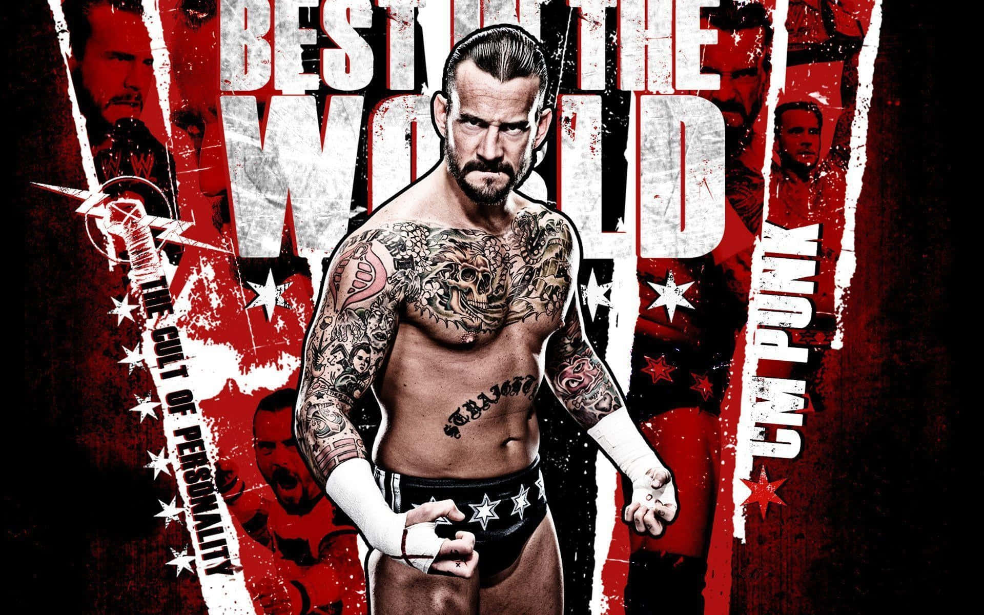WWE 摔角手 CM Punk 帶有紋身和白色護腕，站在紅色和黑色圖形背景前。