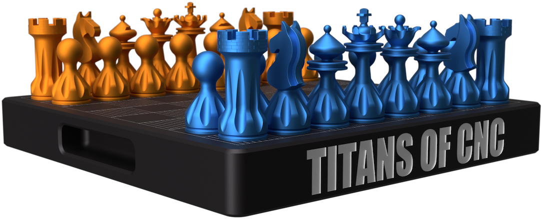 CNC巨人的棋子組 壁紙 — 一個3D渲染的國際象棋套裝，藍色和金色的棋子放在標有 Titans of CNC 的黑色棋盤上。