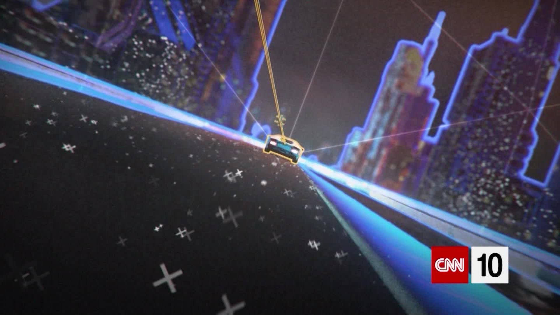 未來汽車懸掛於霓虹城市夜景之上，漂浮星形符號
