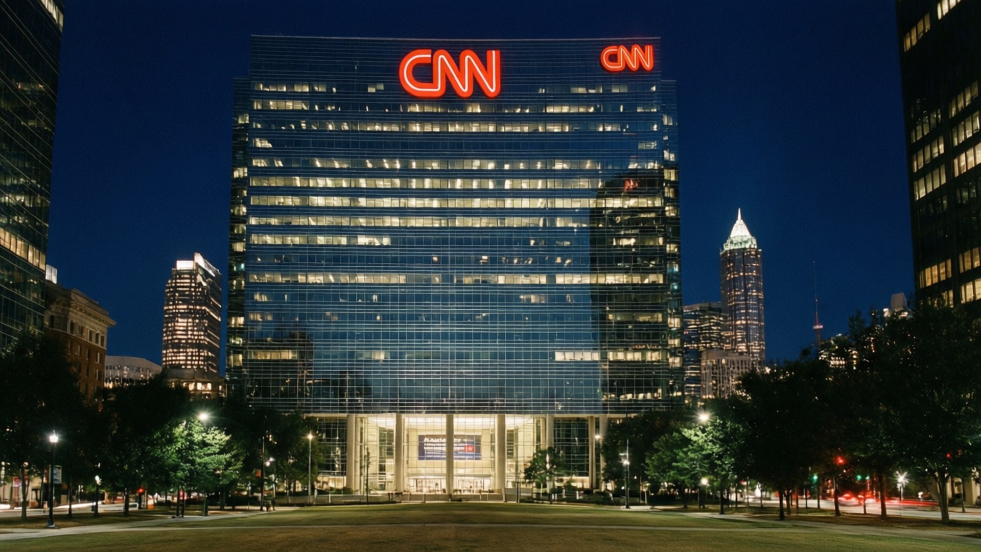 CNN中心摩天大樓在夜間被紅色標誌和周圍的城市燈光照亮。