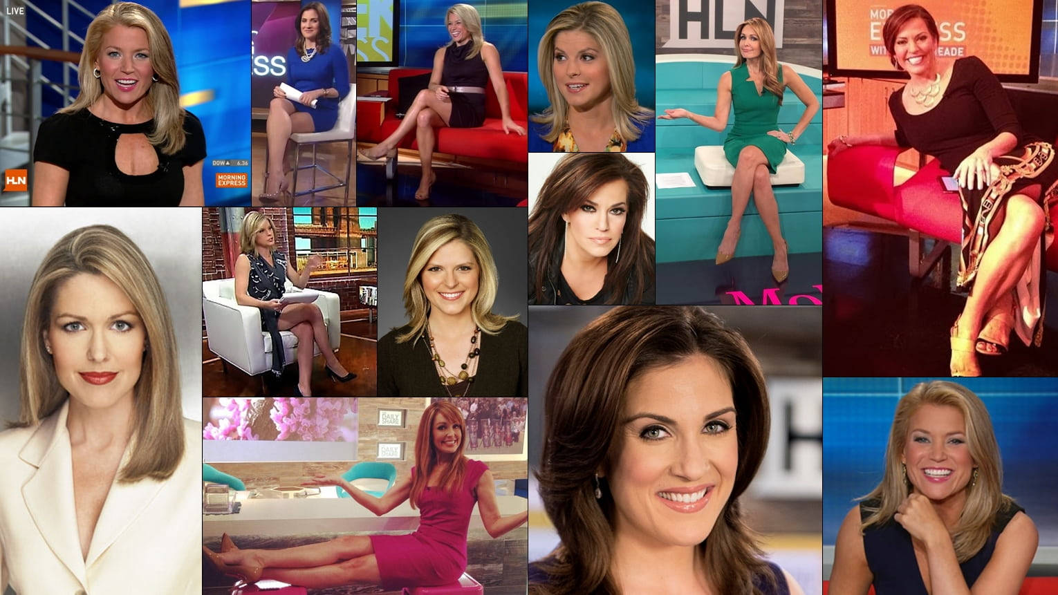 CNN HLN 女主播 壁紙 — 一個拼貼畫，展示多位微笑的女性新聞主播在錄影廠環境中穿著色彩繽紛的連衣裙，坐在現代家具上。