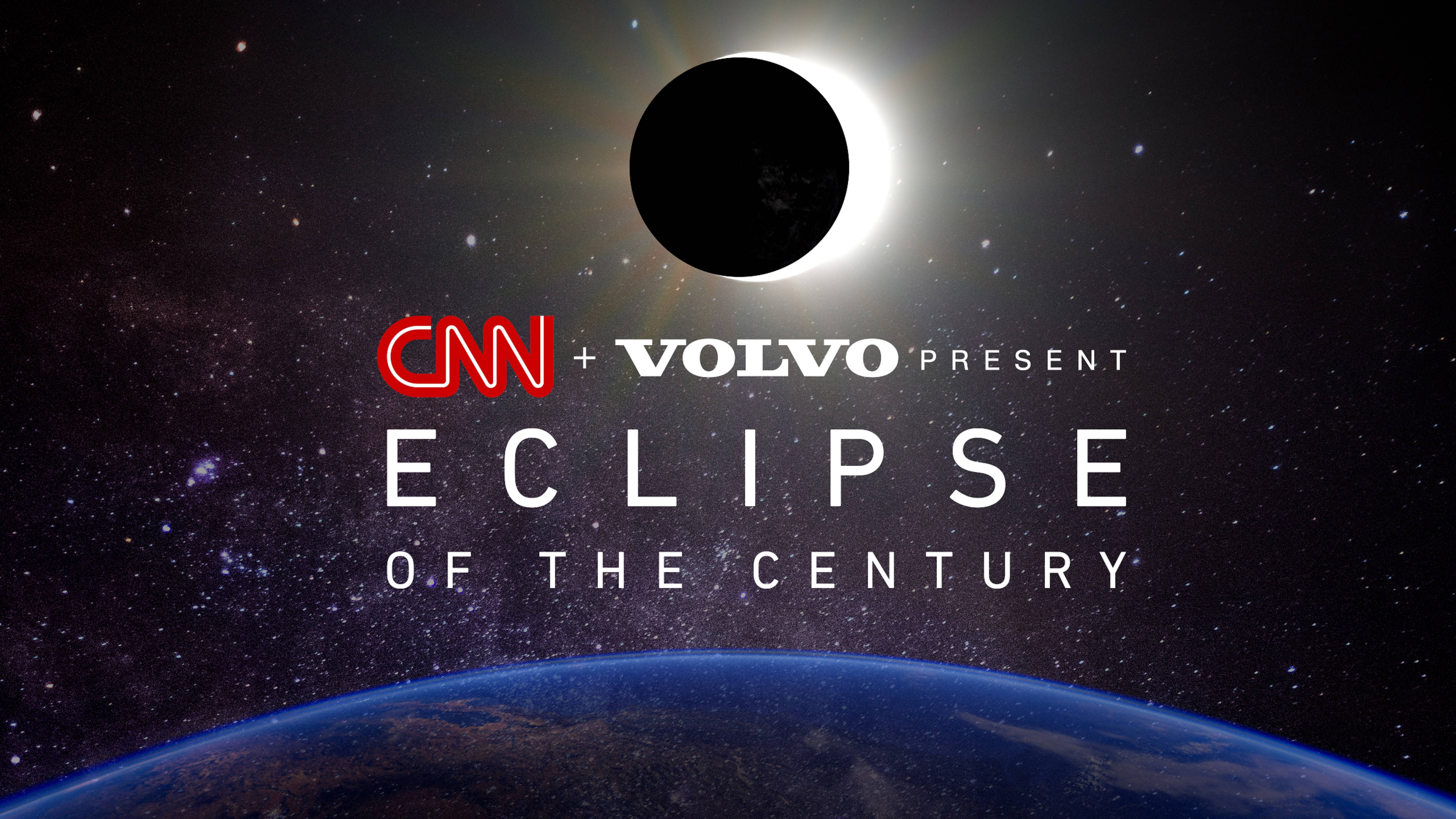 CNN 與 Volvo《日蝕》海報 壁紙 — 從太空觀看的日全食，地球彎曲的地平線和CNN Volvo品牌標識疊加。