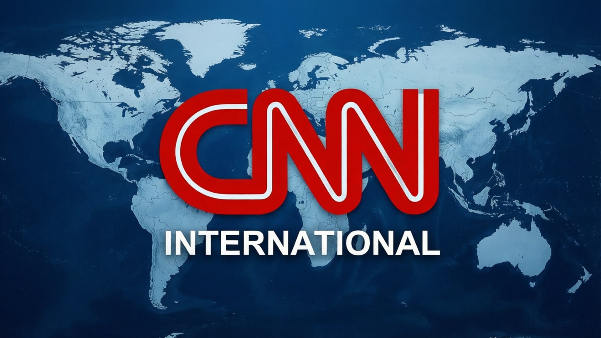 CNN國際 壁紙 — 大膽的紅色CNN International標誌居中於藍色世界地圖上，帶有白色陸地。