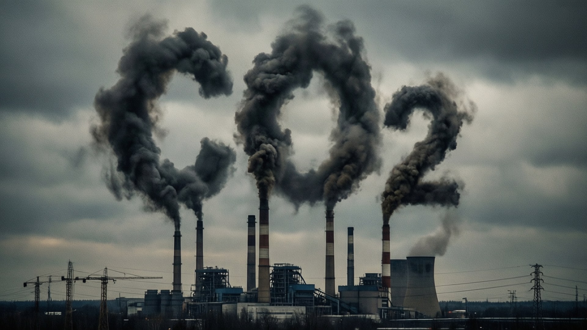 工廠煙囪的煙霧在灰色天空中拼出CO2。