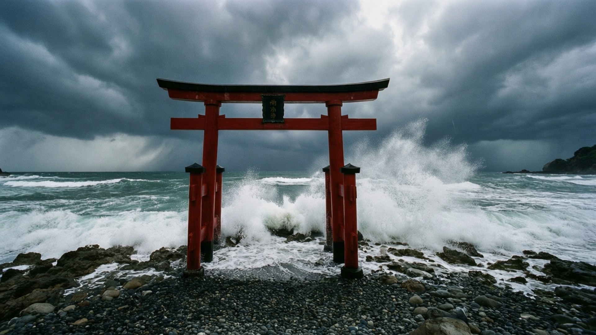 紅色鳥居門在暴風雨天空下抵禦岩石海岸上洶湧的海浪