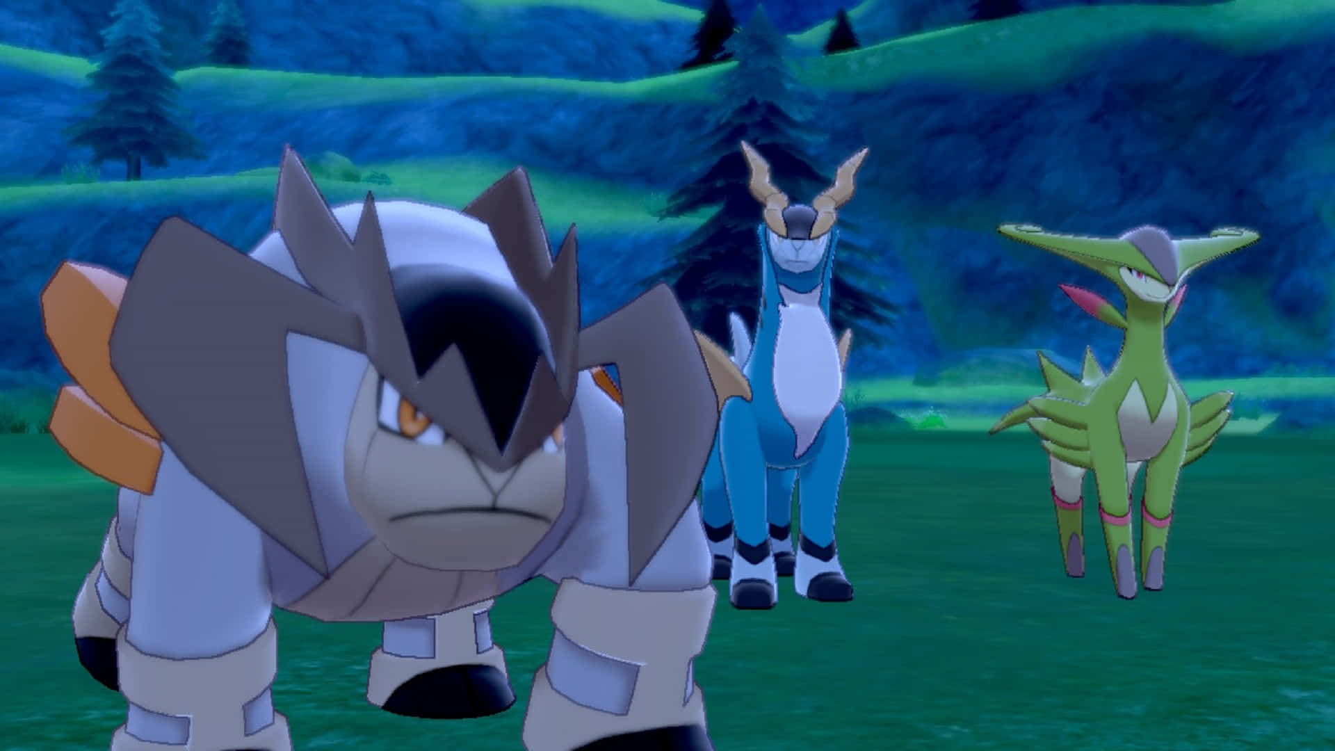 Cobalion、Terrakion 與 Virizion 動畫場景 壁紙 — 三隻寶可夢在暮色天空下的茂密綠色田野中警覺地站著，背景有起伏的山丘和松樹。