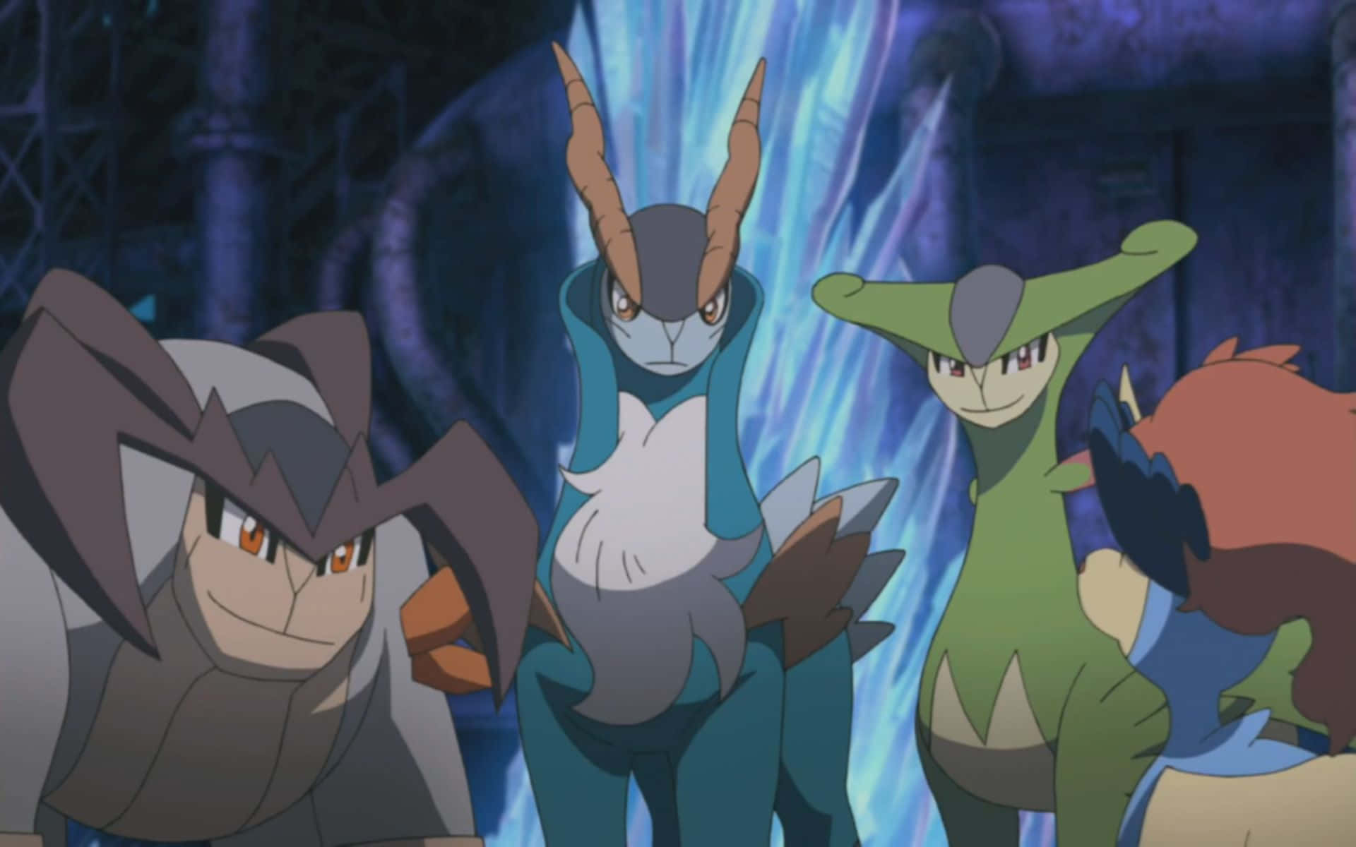 Cobalion、Terrakion 與 Virizion 壁紙 — 四隻動畫化的寶可夢在黑暗洞穴中站在一起，背後有發光的藍色能量。