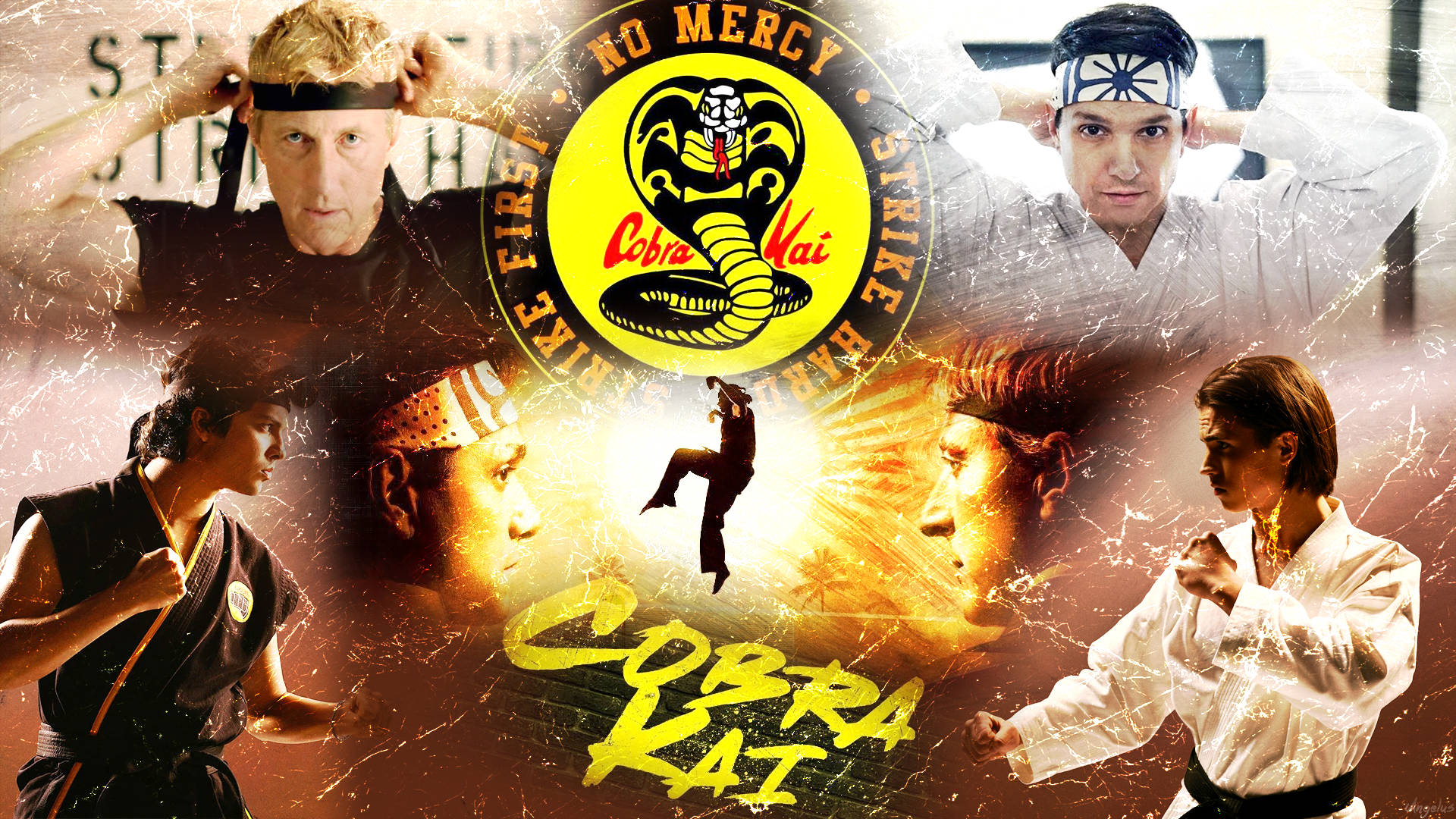 Cobra Kai 戰士以武術姿勢與標誌和火熱背景。