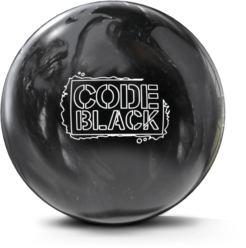 Code Black保齡球 壁紙 — 一顆亮面黑色保齡球，帶有白色「CODE BLACK」標誌，在純黑背景上反射攝影棚燈光。
