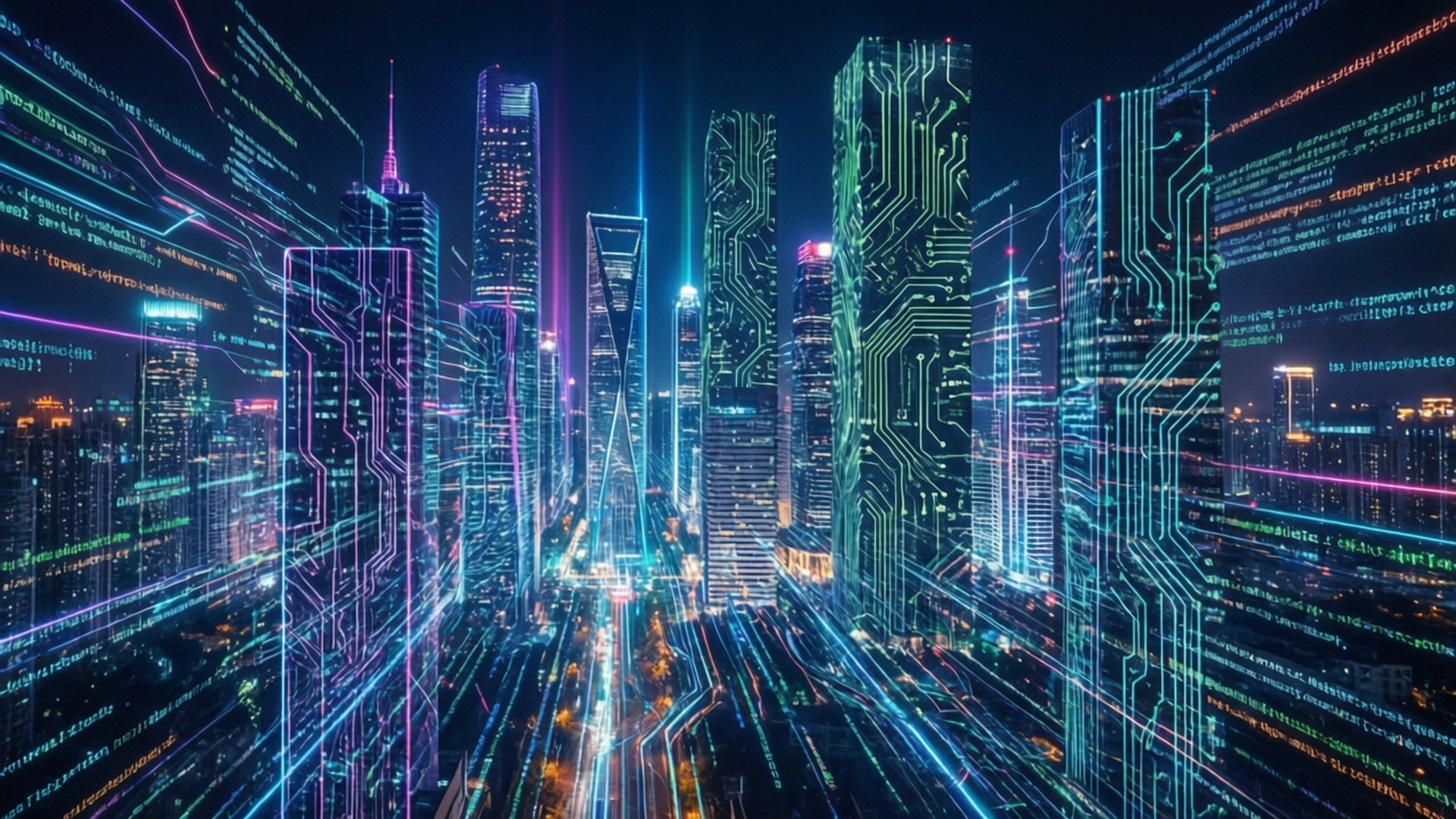 夜晚城市，帶有發光電路圖案和漂浮的數字代碼流。