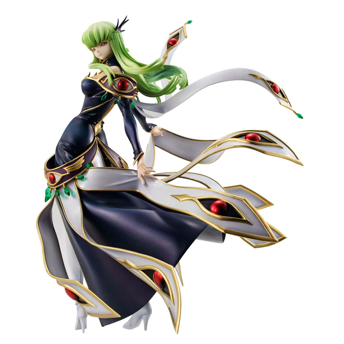 Code Geass 3D C.C 壁紙 — 綠色頭髮的女性動漫人偶，身穿黑白長袍，飾有金色邊飾和紅色寶石點綴。