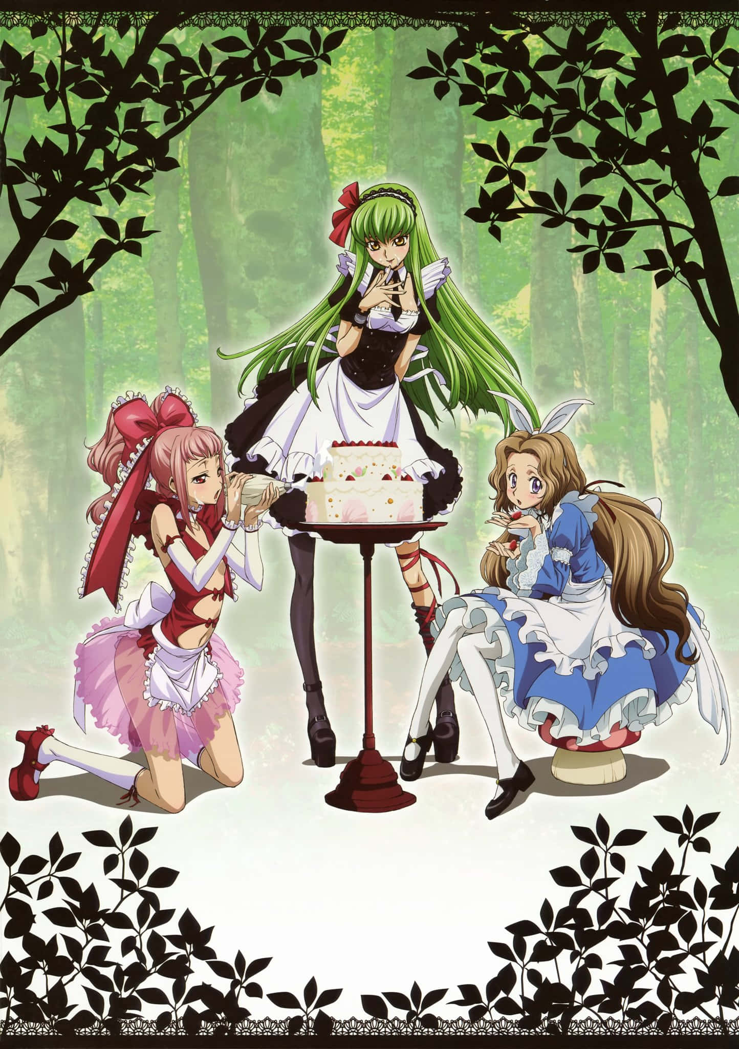 Code Geass C.C.、愛麗絲與娜娜莉三人畫面 壁紙 — 三個穿著女僕裝的動漫女孩在一個奇幻的森林空地中享用茶和蛋糕，周圍環繞著黑色葉子剪影。