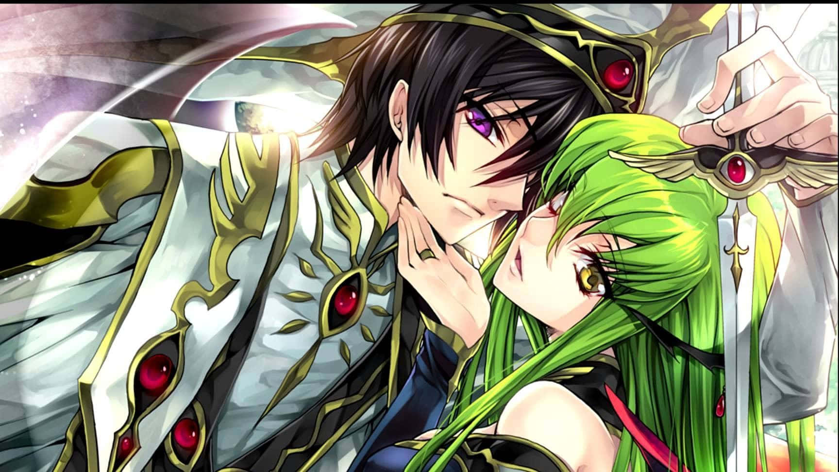 《Code Geass》C.C. 與魯路修·蘭佩路基圖像 壁紙 — 一個戲劇性的動漫場景，一個黑髮紫眼的男性角色溫柔地抱著一個綠髮女性角色，一把發光的劍懸浮在他們上方。