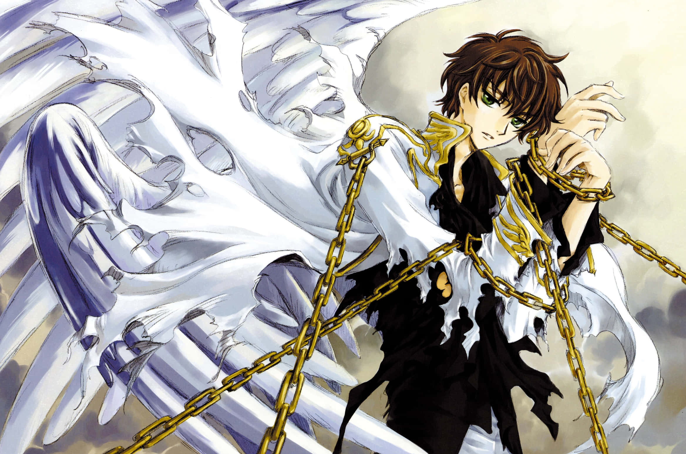 Code Geass Lelouch 金鏈枷鎖壁紙 壁紙 — 一位擁有棕色頭髮和綠色眼睛的動漫天使，被金色鎖鏈束縛在雲層密佈的天空中，展開巨大的白色翅膀。