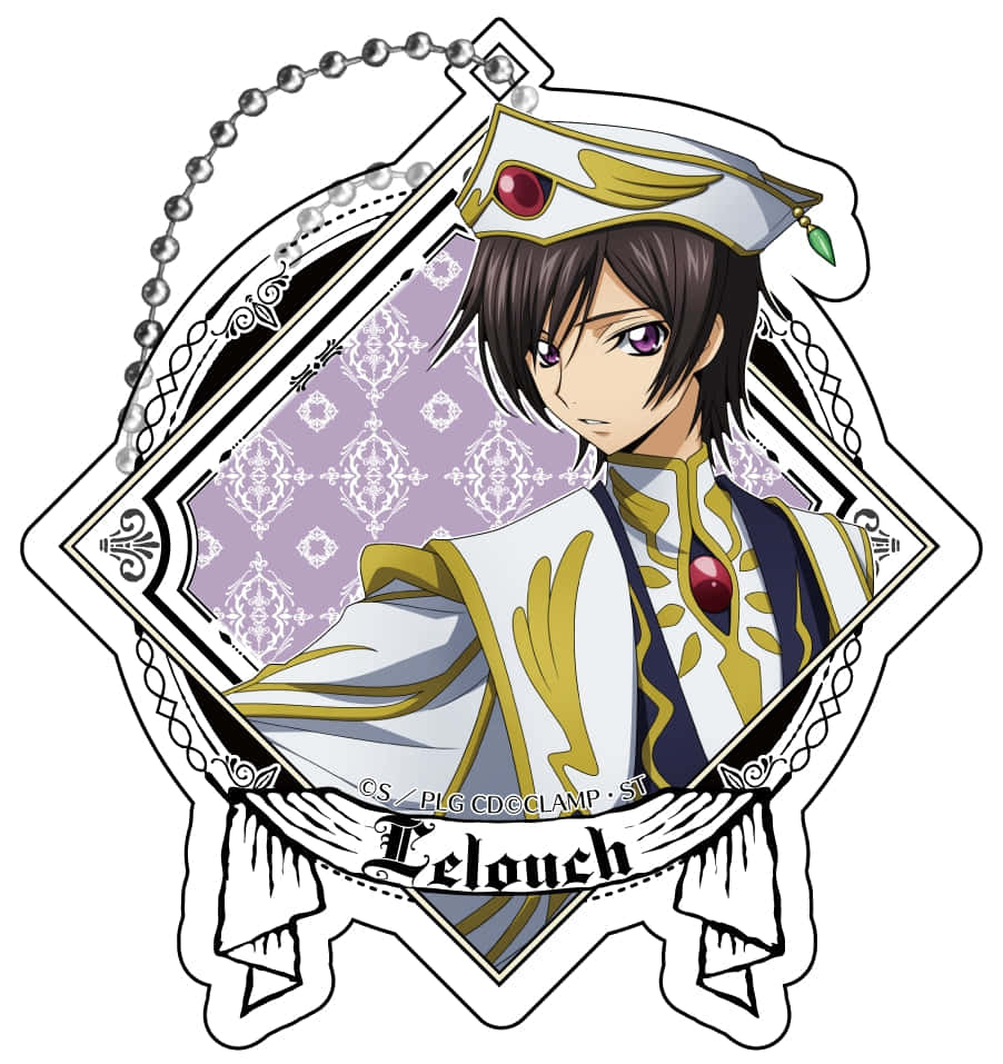 Code Geass Lelouch 藝術圖 壁紙 — 動漫角色魯路修穿著華麗的白色和金色制服，紫色眼睛和紅色寶石點綴在裝飾性六角形鑰匙扣上。